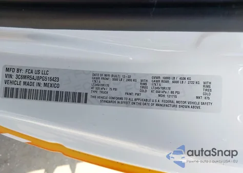 2023 Ram 2500 Tradesman 4X4 8' Box z USA, uszkodzony, nr VIN 3C6MR5AJ8PG516423